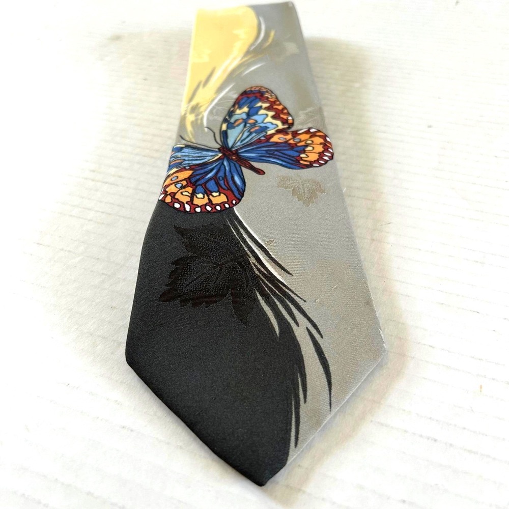 John Frederics Vintage Butterfly Graphic Tie Grey Yellow Black‎ Union Made 0633